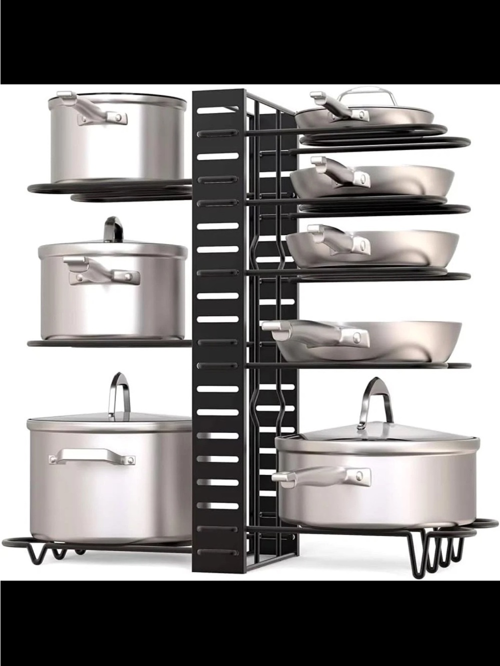 Heavy-Duty Black Cookware Organizer Rack - Space-Saving Pot and Pan Storage